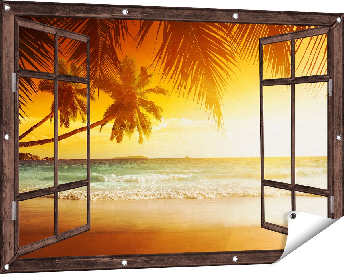 Gards Tuinposter Doorkijk Tropisch Strand tijdens Zonsondergang - 120x80 cm - Tuindoek - Tuindecoratie - Wanddecoratie buiten - Tuinschilderij Donker bruin