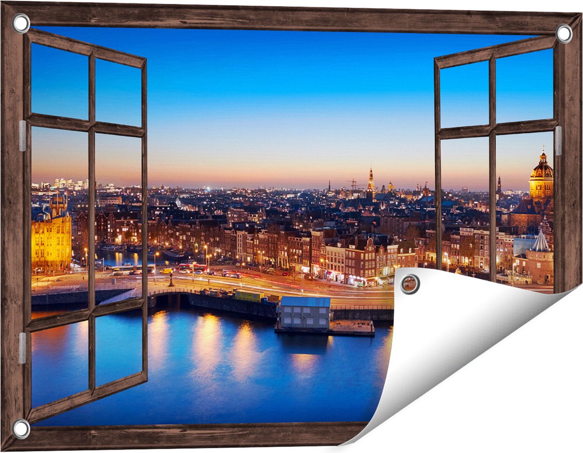 Gards Tuinposter Doorkijk Amsterdam Centrum in de Nacht - 60x40 cm - Tuindoek - Tuindecoratie - Wanddecoratie buiten - Tuinschilderij Donker bruin