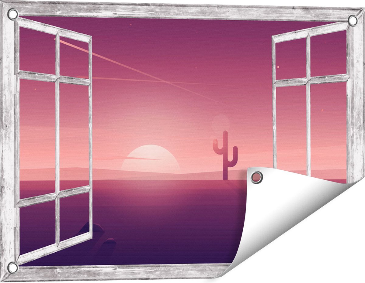 Gards Tuinposter Doorkijk Zonsondergang in de Woestijn met een Cactus - 60x40 cm - Tuindoek - Tuindecoratie - Wanddecoratie buiten - Tuinschilderij Grijs