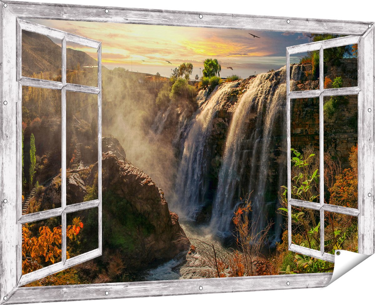 Gards Tuinposter Doorkijk Watervallen vanaf de Kliffen - 180x120 cm - Tuindoek - Tuindecoratie - Wanddecoratie buiten - Tuinschilderij Multikleur
