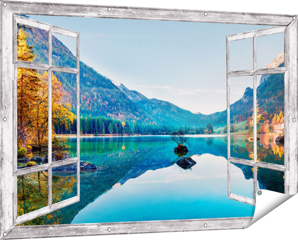 Gards Tuinposter Doorkijk Meer met Herfstbomen - 150x100 cm - Tuindoek - Tuindecoratie - Wanddecoratie buiten - Tuinschilderij Grijs