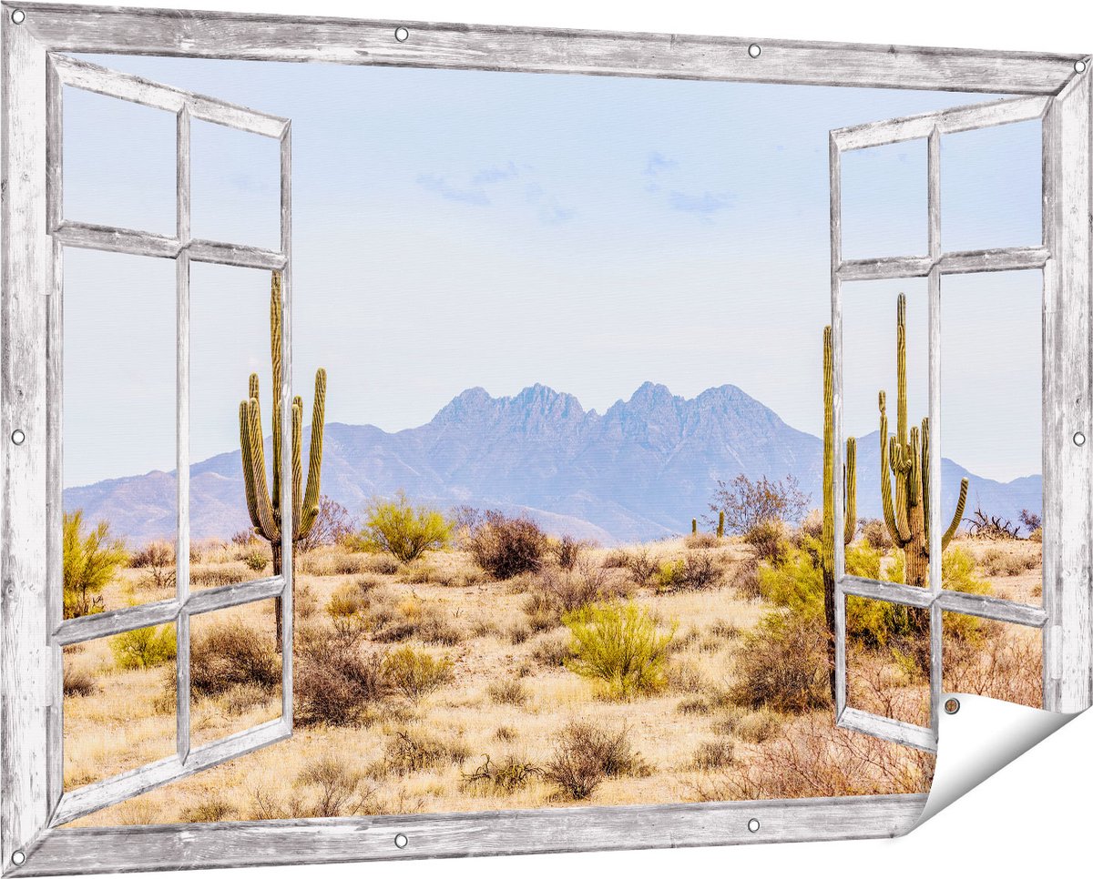 Gards Tuinposter Doorkijk Cactussen in de Woestijn - 150x100 cm - Tuindoek - Tuindecoratie - Wanddecoratie buiten - Tuinschilderij grijs