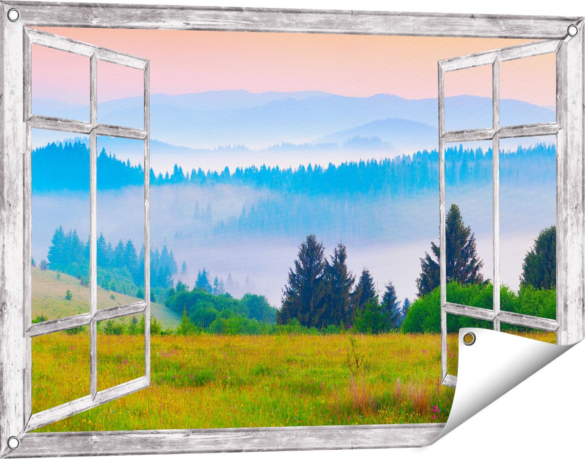 Gards Tuinposter Doorkijk Mistige Heuvel Landschap met Bossen - 90x60 cm - Tuindoek - Tuindecoratie - Wanddecoratie buiten - Tuinschilderij Grijs