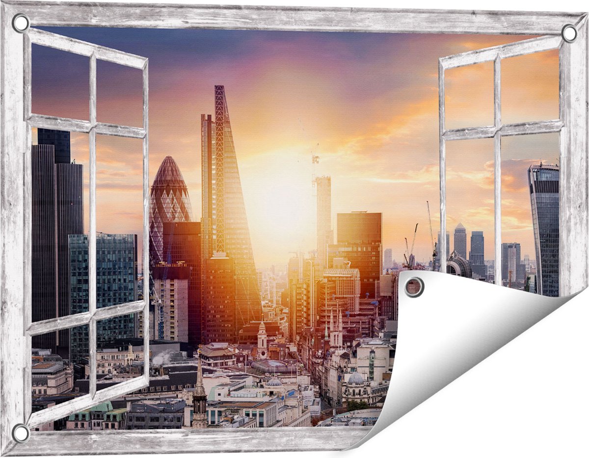 Gards Tuinposter Doorkijk Londen Stad bij Zonsopgang - 60x40 cm - Tuindoek - Tuindecoratie - Wanddecoratie buiten - Tuinschilderij Grijs
