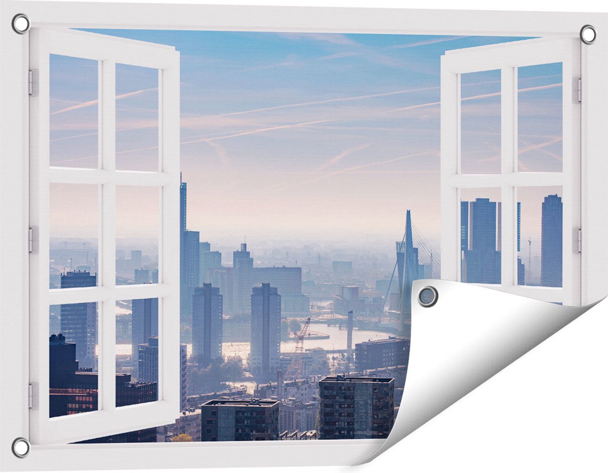 Gards Tuinposter Doorkijk Rotterdamse Skyline - 60x40 cm - Tuindoek - Tuindecoratie - Wanddecoratie buiten - Tuinschilderij Wit