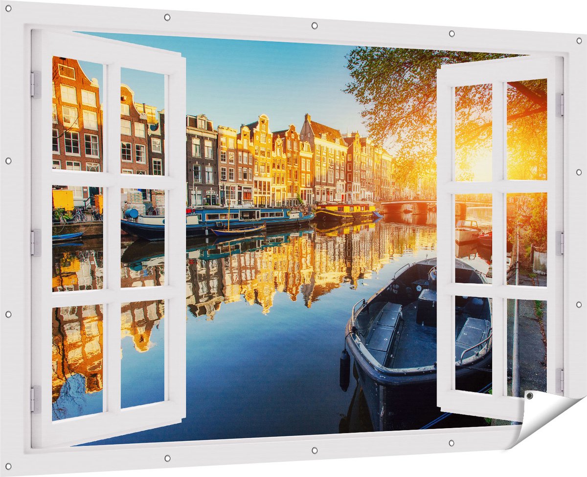 Gards Tuinposter Doorkijk Amsterdamse Gracht bij Zonsondergang - 180x120 cm - Tuindoek - Tuindecoratie - Wanddecoratie buiten - Tuinschilderij Multikleur