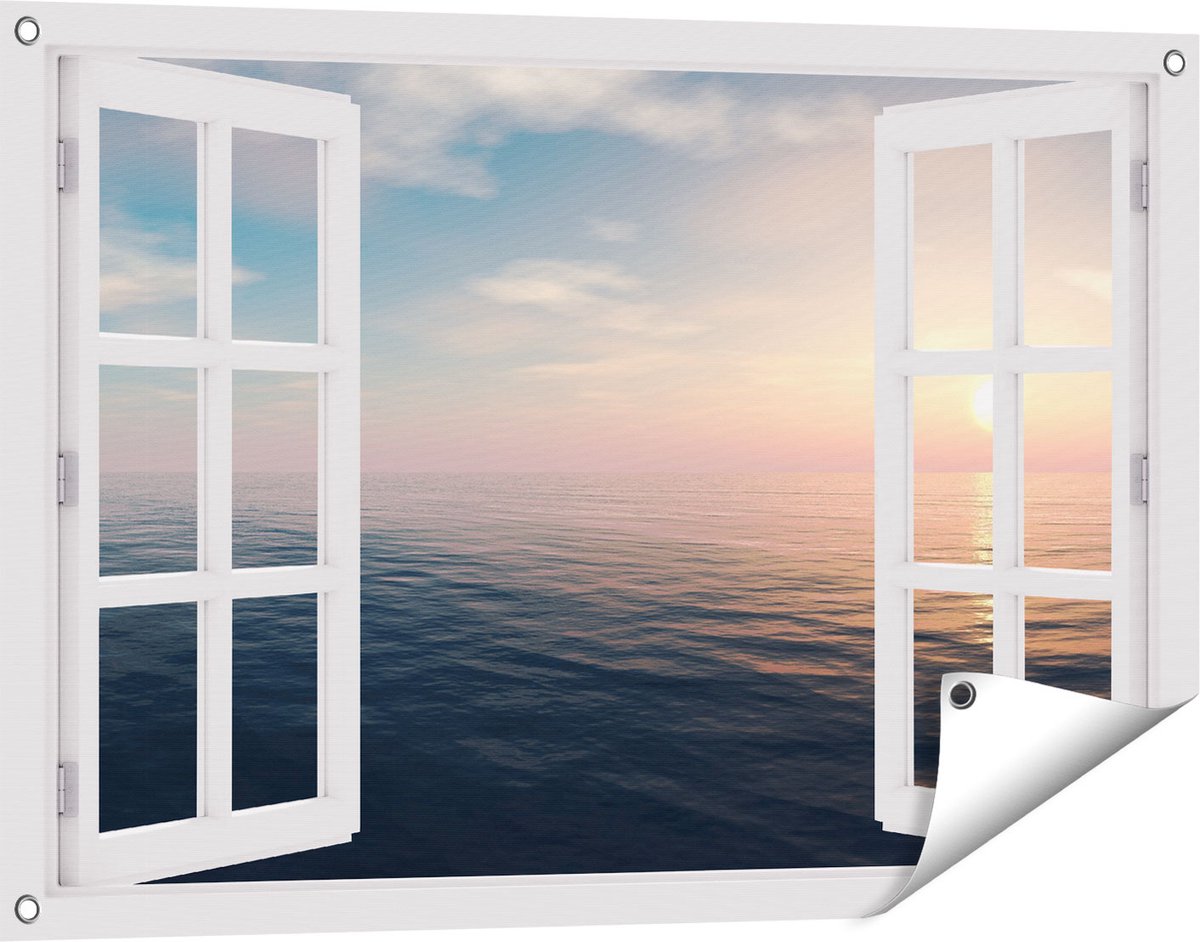 Gards Tuinposter Doorkijk Zee Water tijdens Zonsondergang - 90x60 cm - Tuindoek - Tuindecoratie - Wanddecoratie buiten - Tuinschilderij wit