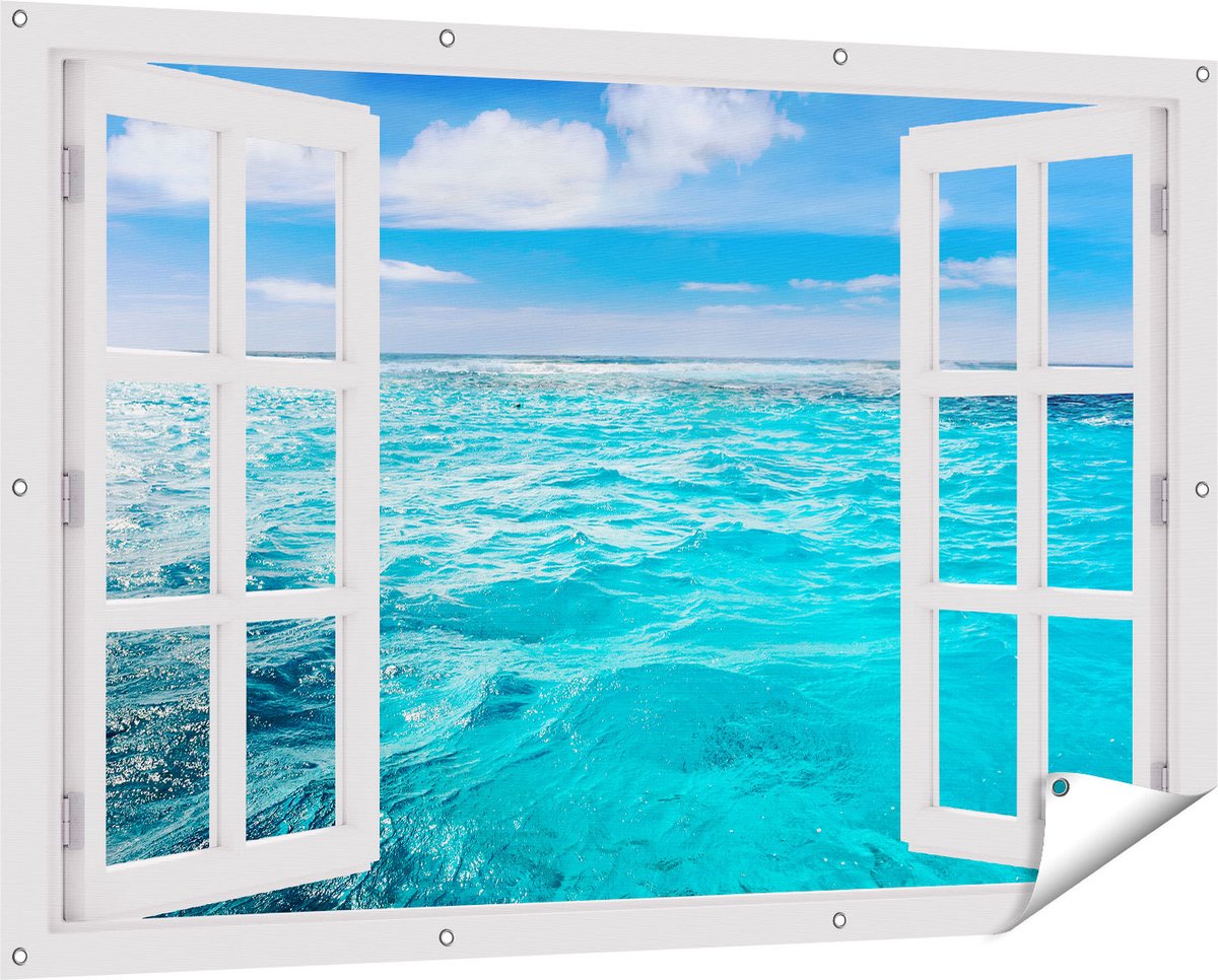 Gards Tuinposter Doorkijk Blauwe Caribische Zee Water - 150x100 cm - Tuindoek - Tuindecoratie - Wanddecoratie buiten - Tuinschilderij Wit
