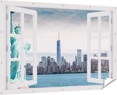 Gards Tuinposter Doorkijk Vrijheidsbeeld in New York - 180x120 cm - Tuindoek - Tuindecoratie - Wanddecoratie buiten - Tuinschilderij