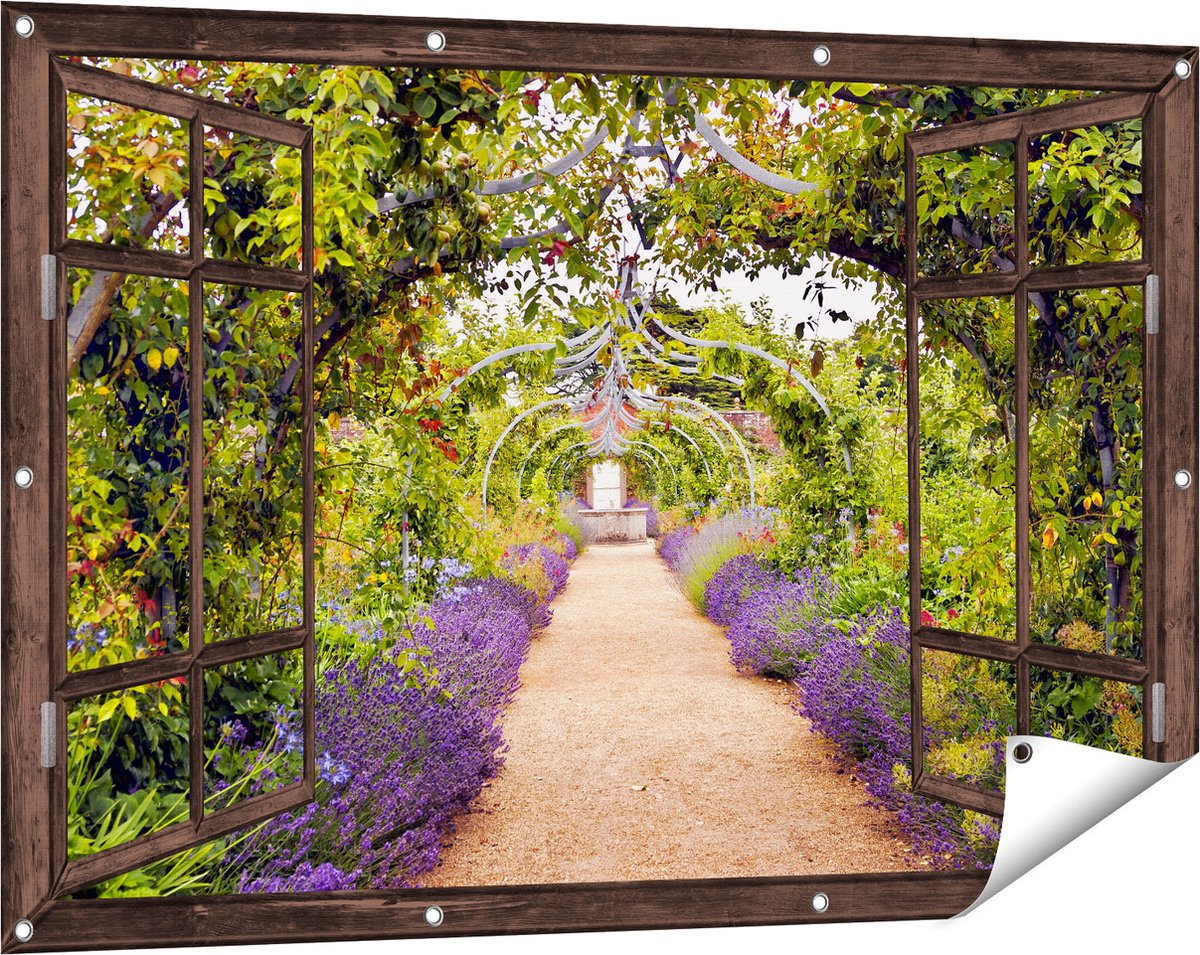 Gards Tuinposter Doorkijk Lavendel Pad - 120x80 cm - Tuindoek - Tuindecoratie - Wanddecoratie buiten - Tuinschilderij