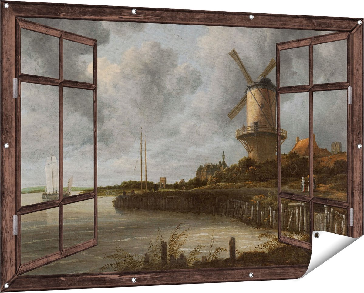 Gards Tuinposter Doorkijk De Molen bij Wijk bij Duurstede - Jacob van Ruisdael - 150x100 cm - Tuindoek - Tuindecoratie - Wanddecoratie buiten - Tuinschilderij Donker bruin