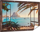 Gards Tuinposter Doorkijk Ibiza Cala d'Hort Strand - 150x100 cm - Tuindoek - Tuindecoratie - Wanddecoratie buiten - Tuinschilderij