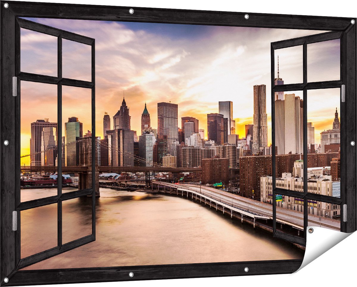 Gards Tuinposter Doorkijk Brooklyn Bridge Brug in New York - 150x100 cm - Tuindoek - Tuindecoratie - Wanddecoratie buiten - Tuinschilderij zwart