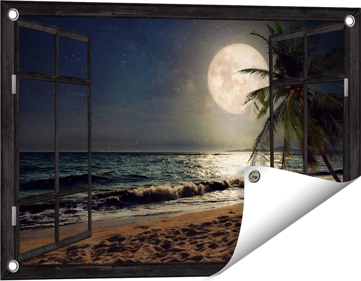 Gards Tuinposter Doorkijk Tropisch Strand in de Nacht met Volle Maan - 60x40 cm - Tuindoek - Tuindecoratie - Wanddecoratie buiten - Tuinschilderij zwart