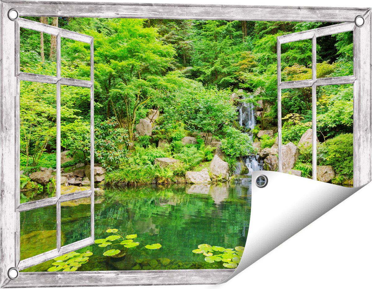 Gards Tuinposter Doorkijk Panorama van Japanse Tuin - 60x40 cm - Tuindoek - Tuindecoratie - Wanddecoratie buiten - Tuinschilderij Grijs