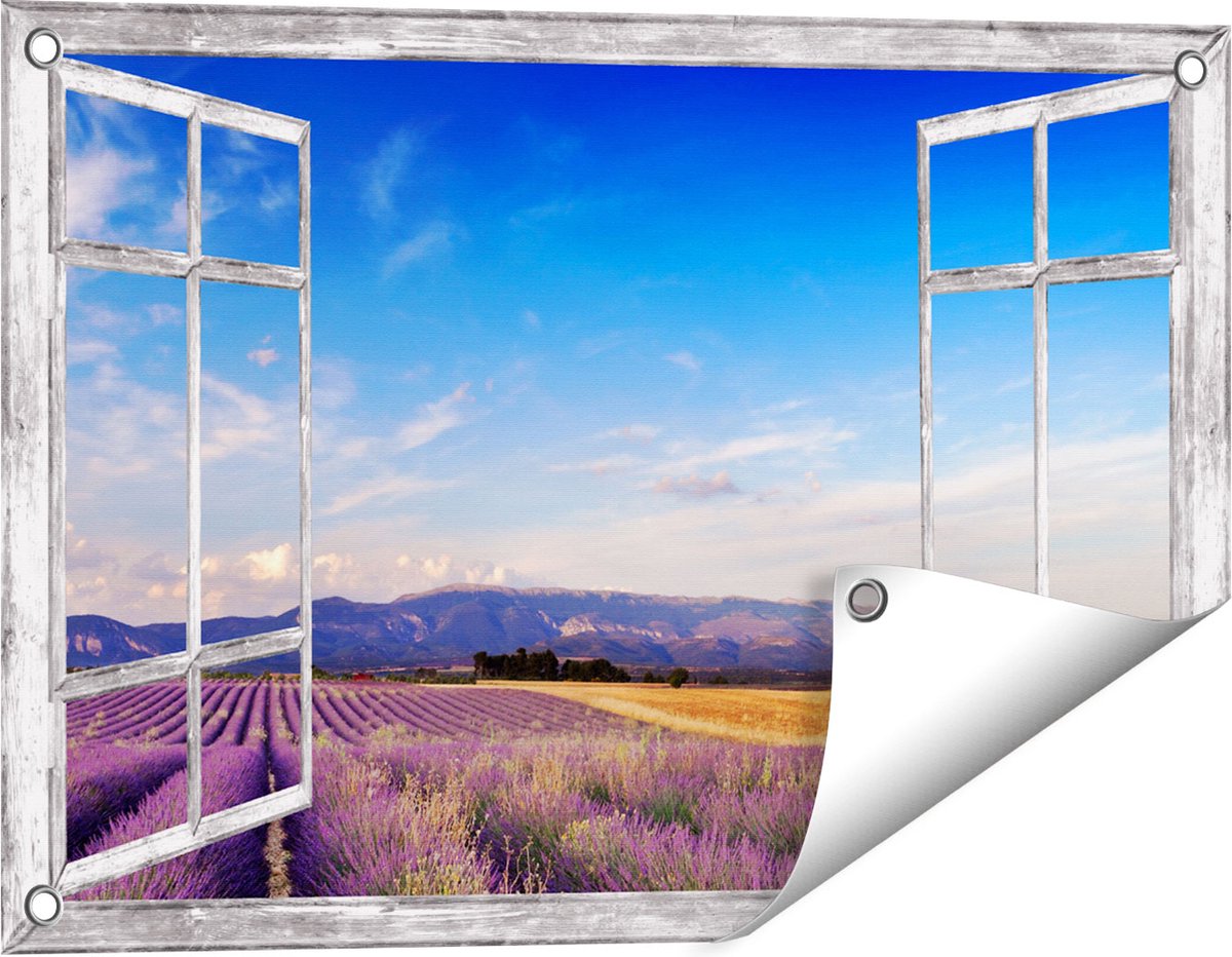Gards Tuinposter Doorkijk Raam met Lavendel Veld - 60x40 cm - Tuindoek - Tuindecoratie - Wanddecoratie buiten - Tuinschilderij Grijs