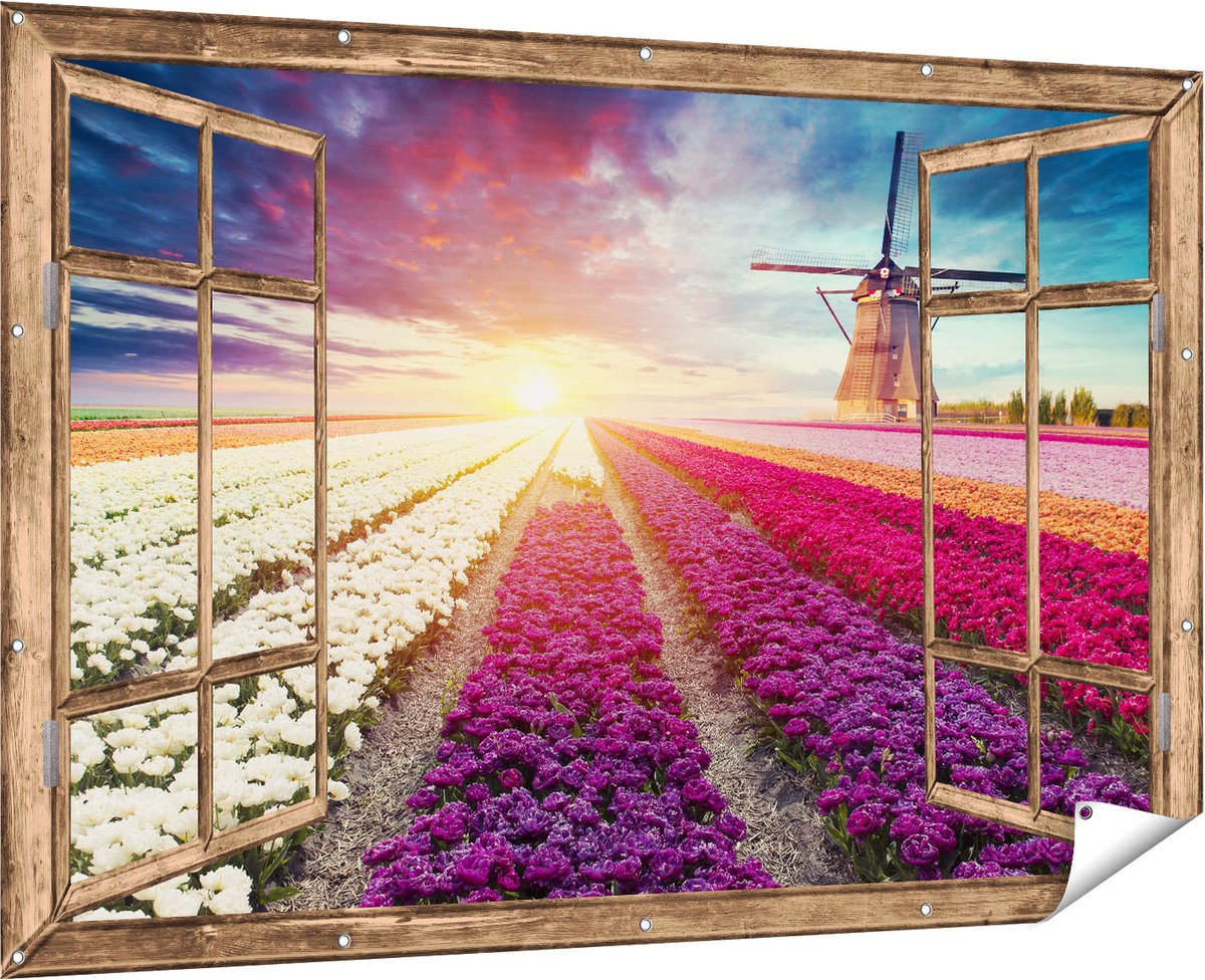 Gards Tuinposter Abstracte Kunst met Blauwe en Gouden Ruiten - 60x40 cm - Tuindoek - Tuindecoratie - Wanddecoratie buiten - Tuinschilderij Multikleur