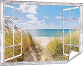 Gards Tuinposter Doorkijk Strand en Zee vanuit Duinen - 120x80 cm - Tuindoek - Tuindecoratie - Wanddecoratie buiten - Tuinschilderij