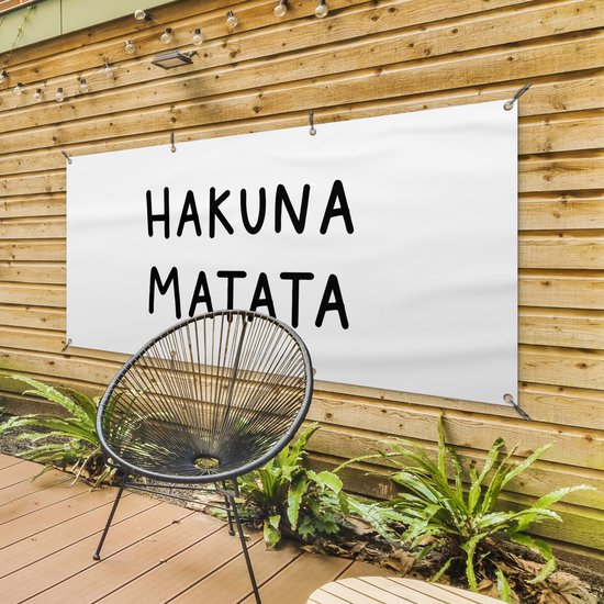 Tuinposter tekst - Hakuna matata - Hartje - Wit - Tuinschilderij voor buiten - Tuindoek - Tuin - Tuindecoratie - Schutting decoratie - 160x80 cm - Schuttingdoek - Buitenposter