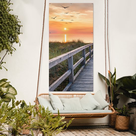 Affiche clôture Coucher de soleil - Mer - Chemin - Herbe - Dune - Vogels - 100x200 cm - Toile jardin