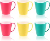 6 x koffiekopjes met handvat, herbruikbare drinkbekers van kunststof, plastic bekers in bonte kleuren, onbreekbare theepot (06 stuks, 350 ml, groen/geel/rose)