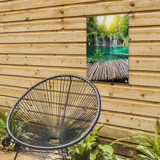 Affiche de jardin - Cascade - Water - Bois - Nature - Pont - Lac - Soleil - 40x60 cm - Toile de jardin - Toile de clôture