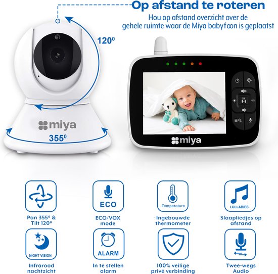 Miya M35 Babyfoon - Babyfoon met camera - Op afstand bestuurbaar - Video & Audio - Baby monitor