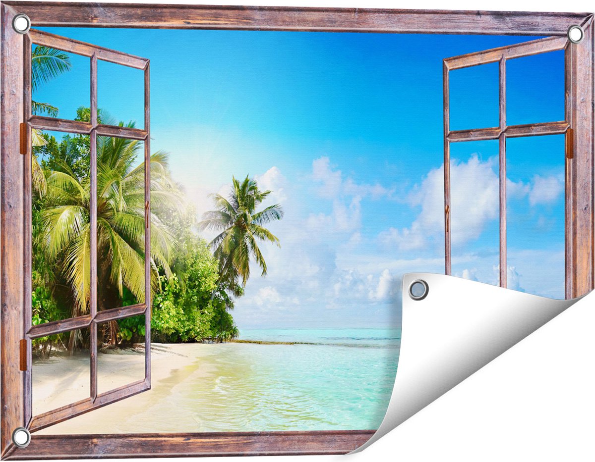 Gards Tuinposter Doorkijk Tropisch Strand bij de Licht Blauwe Zee - 60x40 cm - Tuindoek - Tuindecoratie - Wanddecoratie buiten - Tuinschilderij