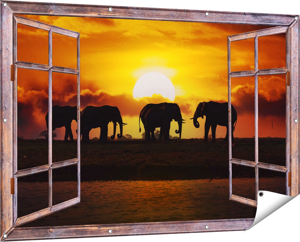 Gards Tuinposter Doorkijk Silhouet Olifanten tijdens Zonsondergang - 150x100 cm - Tuindoek - Tuindecoratie - Wanddecoratie buiten - Tuinschilderij Bruin