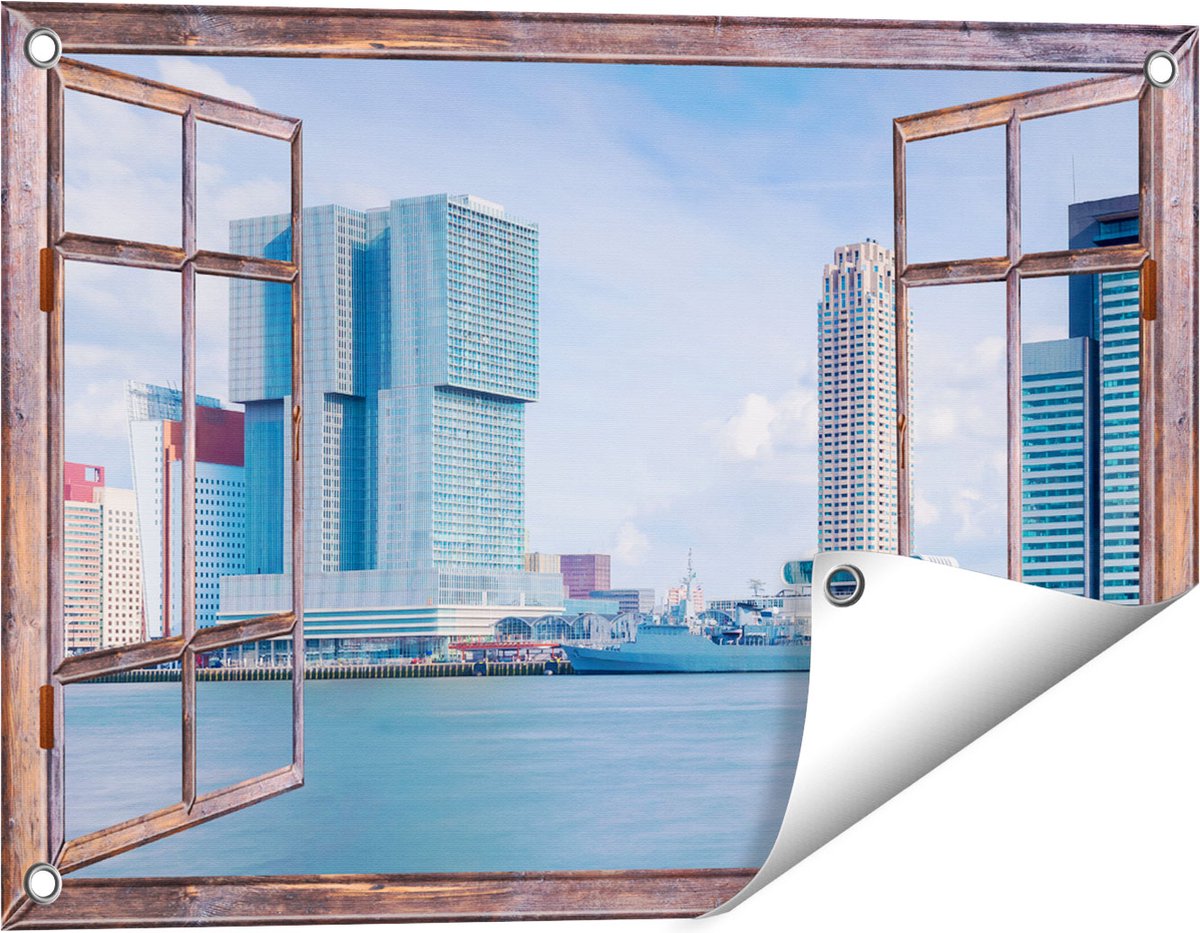 Gards Tuinposter Doorkijk Rotterdamse Skyline aan het Water - 60x40 cm - Tuindoek - Tuindecoratie - Wanddecoratie buiten - Tuinschilderij bruin