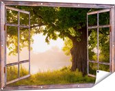 Gards Tuinposter Doorkijk Eikenboom aan het Water met Volle Bladeren - 120x80 cm - Tuindoek - Tuindecoratie - Wanddecoratie buiten - Tuinschilderij