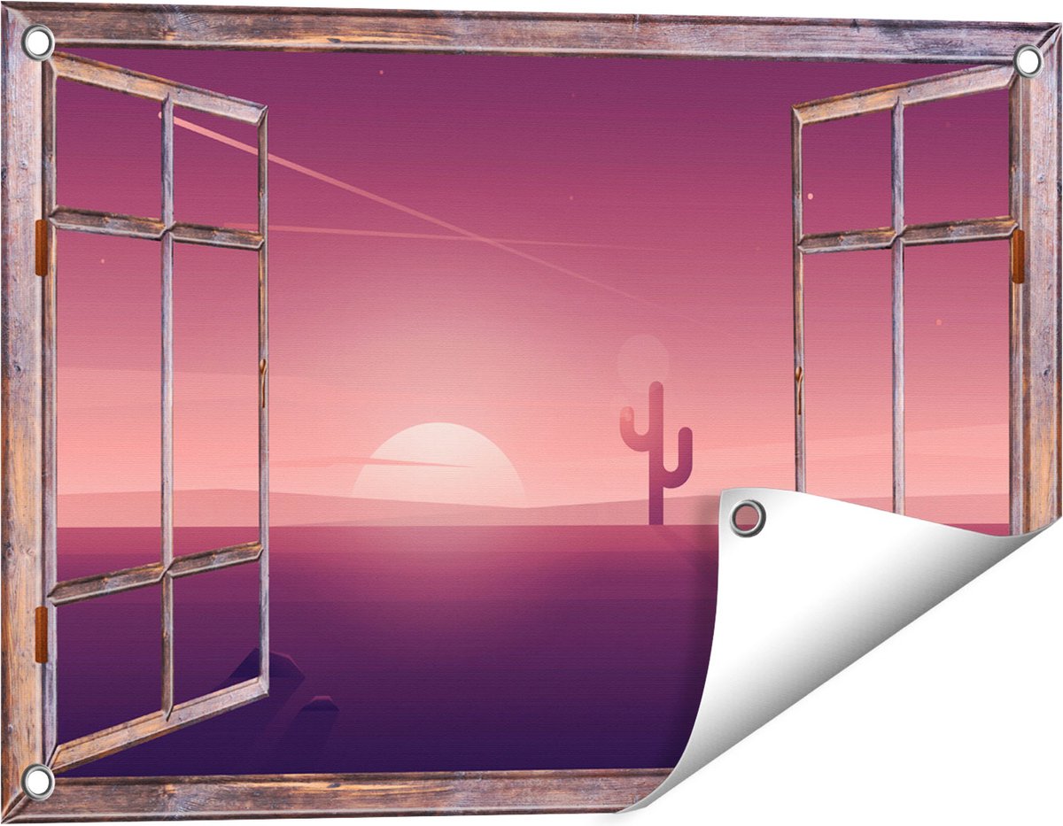 Gards Tuinposter Doorkijk Zonsondergang in de Woestijn met een Cactus - 60x40 cm - Tuindoek - Tuindecoratie - Wanddecoratie buiten - Tuinschilderij Bruin