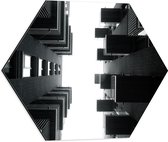 Dibond Hexagon - Onderaanzicht van Gebouwen in het Zwart Wit - 50x43.5 cm Foto op Hexagon (Met Ophangsysteem)