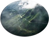 WallClassics - Dibond Ovaal - Smalle Bergweggetjes in Wolken op Donkergroen Kleurige Berg - 80x60 cm Foto op Ovaal (Met Ophangsysteem)
