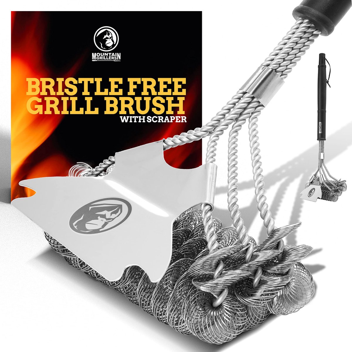 Mountain Grillers borstelloze grillborstel met scherpe schraper - Deze grilldraadborstel reinigt metalen grills zonder schade te veroorzaken