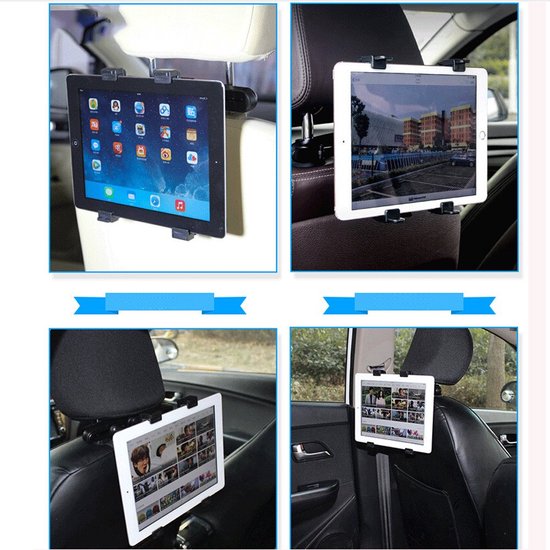 Collage : Tablet dans un support de voiture sur appuie-tête, vues multiples.