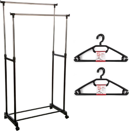 Kledingrek met kleding hangers - dubbele stang - kunststof - zwart - 80 x 42 x 170 cm