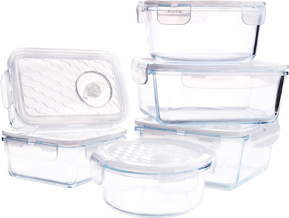 Set van 6 glazen vershouddozen met deksel, glazen container met deksel, voedselcontainer van glas, voorraadcontainer glas, BPA-vrij, geschikt voor vaatwasser, magnetron en vriezer