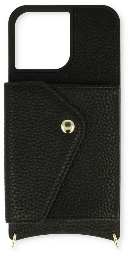 Casemania Coque pour Apple iPhone 14 Pro Zwart - Coque arrière avec sangle réglable - Porte-cartes et cordon