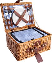 Picknickmand voor 2 Personen met Isothermisch Compartiment en Inclusief Accessoires - Blauw en Wit Geruit Patroon, 35 x 27 x 16 cm