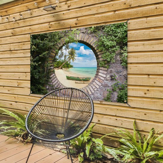 Jardin - Palmier - Vue - Pierre - Canoë - Toile de clôture - 120x80 cm - Affiche de jardin - Toile de jardin