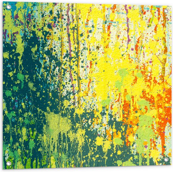 Tuinposter – Gele, Groene en Oranje Vlekken - 80x80 cm Foto op Tuinposter (wanddecoratie voor buiten en binnen)