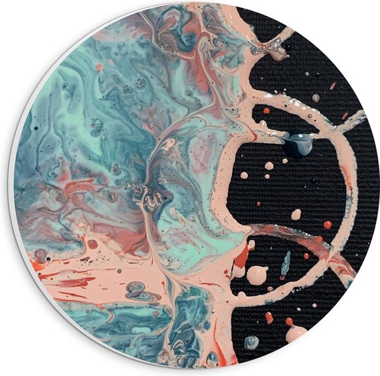 PVC Schuimplaat Muurcirkel - Abstracte Vormren in Verfmix van Roze en Blauw op Zwart - 20x20 cm Foto op Muurcirkel (met ophangsysteem)