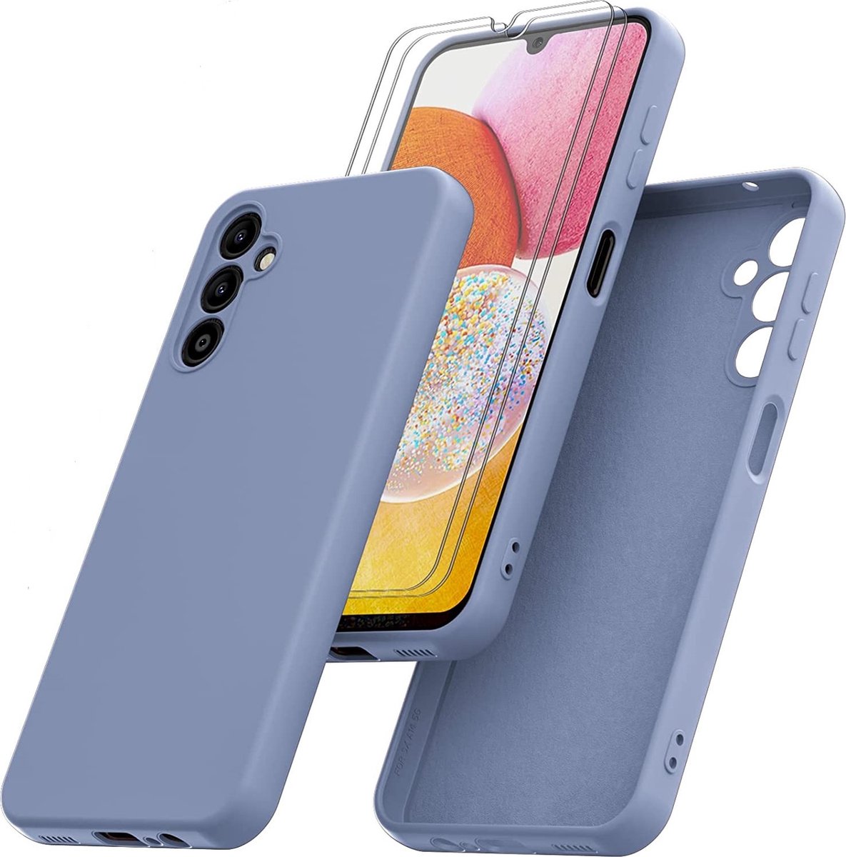 Hoesje Geschikt Voor Samsung Galaxy A14 Hoesje siliconen Licht Blauw zacht siliconen hoesje TPU backcover - Met Screenprotector - 2 stuks