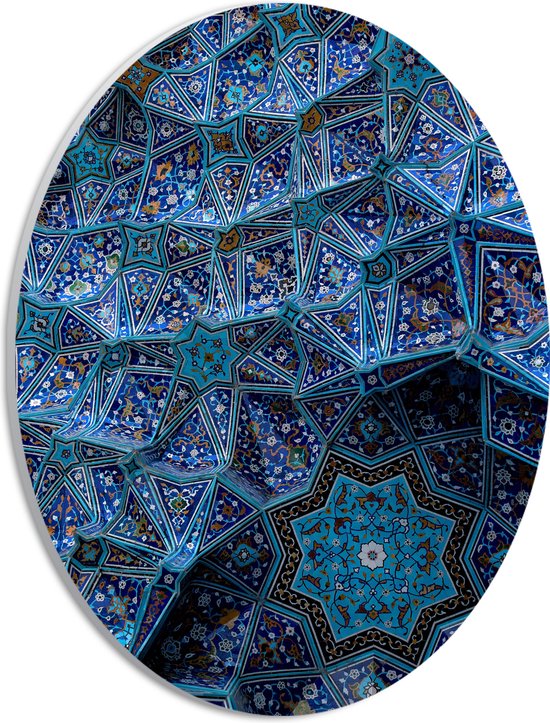 PVC Schuimplaat Ovaal - Blauw Bloemenpatroon op Tegels in Plafond - 21x28 cm Foto op Ovaal (Met Ophangsysteem)