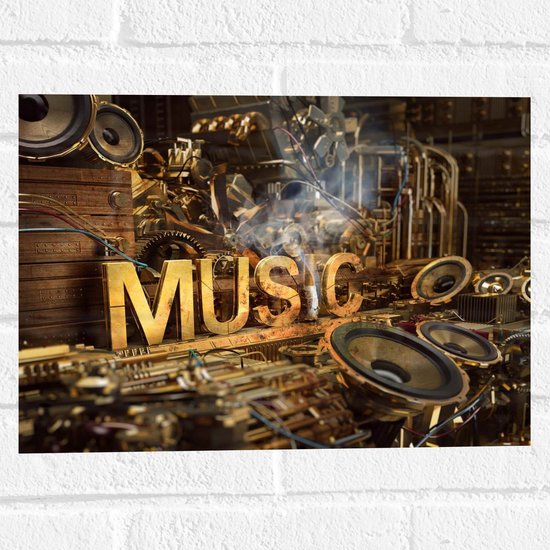 Muursticker - Houten Letters met ''MUSIC'' op Machine - 40x30 cm Foto op Muursticker