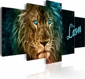 Schilderij - Lion, leeuw, met tekst, print op canvas, wanddecoratie, 5luik