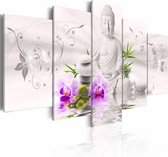 Schilderij - Boeddha - In het Wit, 5luik , premium print op canvas