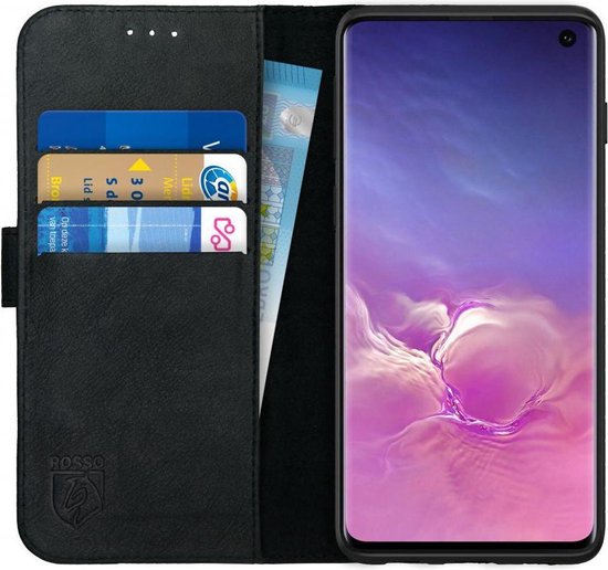 Rosso Deluxe Echt Leer Book Case Hoesje Geschikt voor Samsung Galaxy S10 | Ruimte voor drie pasjes | Portemonnee Book Case | Met Pasjeshouder | Zwart