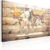 Schilderij - Wereldkaart , Kleurrijke continenten , houtlook